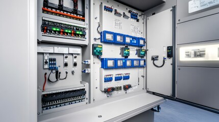 Residual current circuit breakers and voltage monitoring relays installed in an electrical control panel with connected wires