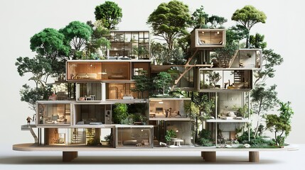 A modern architectural model featuring interconnected buildings amidst lush greenery, showcasing a blend of nature and contemporary design.