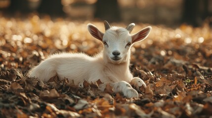 Fototapeta premium Adorable Baby Goat Autumn Leaves Golden Hour Farm Animal