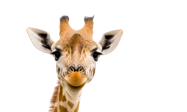 A close-up of a smiling giraffe's face against a plain background.