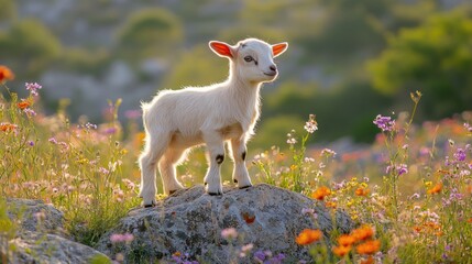 Obraz premium Adorable Baby Goat in Vibrant Wildflower Meadow, Springtime