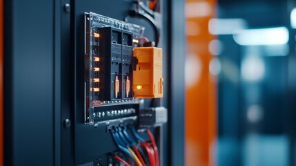 Residual current circuit breakers and voltage monitoring relays installed in an electrical control panel with connected wires