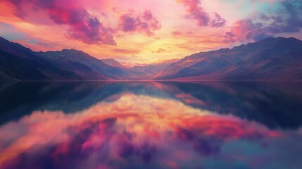 A serene sunset over calm waters, reflecting vibrant colors and majestic mountains, creating a picturesque landscape.