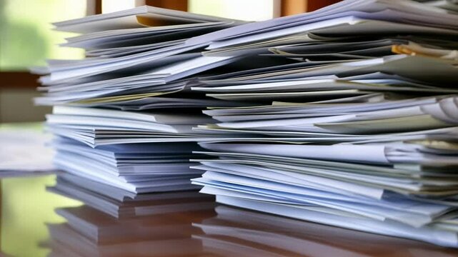 Documents stacked high on a wooden table represent the administrative burden in a business or government setting, emphasizing the challenges of paperwork, bureaucracy, and information management