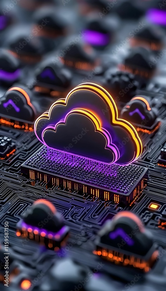Poster abstract visualization of interconnected cloud infrastructure, showcasing data flow, network nodes, 