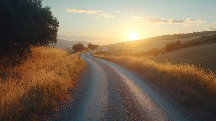 A serene rural road winds through golden fields as the sun rises, casting a warm glow over the landscape.