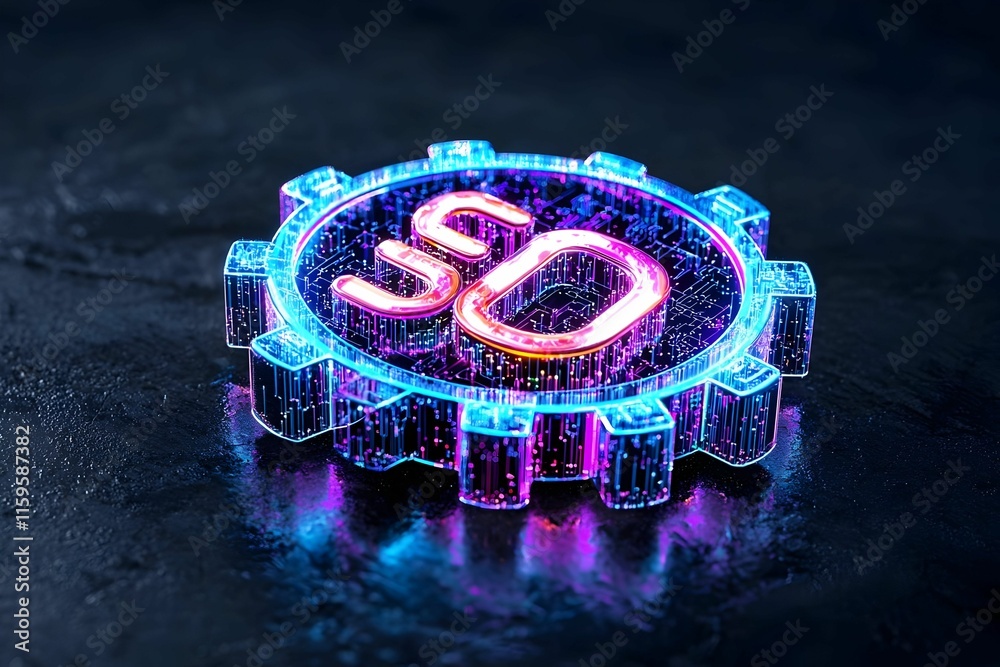 Poster abstract search engine symbol featuring dynamic floating gears, representing innovation and intercon