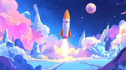 Fototapeta premium A colorful rocket launching into space amidst vibrant clouds and a distant planet.