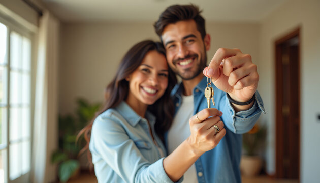 New Home Ownership: Happy Couple with House Keys