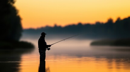 A silhouetted fisherman stands by a serene lake at sunset, surrounded by mist and nature's beauty.