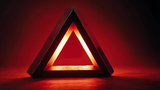 Illuminated red triangle structure glowing against a dark background highlighting geometric shapes and design elements