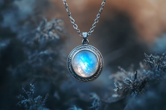 Silver necklace with moonstone pendant hanging in moss, creating a magical and enchanting atmosphere