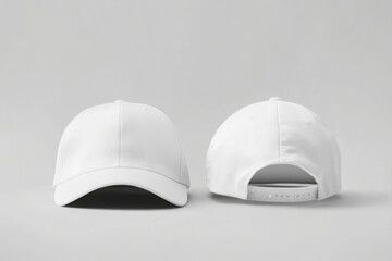 White baseball caps mockup on a grey background, front and back side. 
