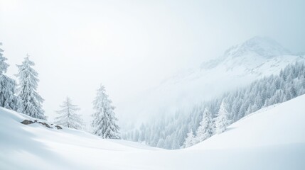 Naklejka premium Snowy Mountain Winter Landscape Trees, Fog, and Serene Beauty