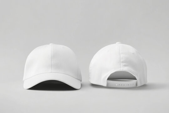 White baseball caps mockup on a grey background, front and back side. 
