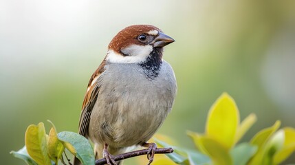 A close-up of a sparrow perched on a branch surrounded by green leaves, showcasing its distinctive feathers and alert expression.