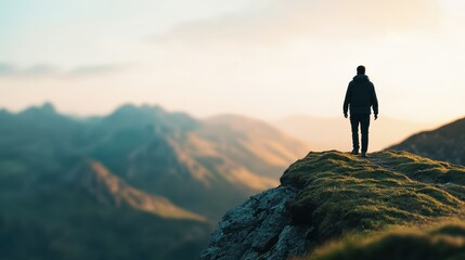 Fototapeta premium A silhouette of a person standing on a rocky ledge, overlooking breathtaking mountains during sunset, capturing a sense of adventure and tranquility.