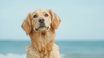 A golden retriever gazes thoughtfully at the camera against a serene beach backdrop, capturing a moment of tranquility and companionship.