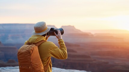 Fototapeta premium A person captures a stunning sunset over a canyon landscape, wearing a hat and backpack, showcasing a moment of outdoor adventure and photography.