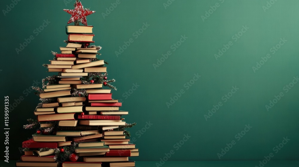 Poster Unique Christmas tree created from stacked books set against a green background for a festive atmosphere. Generative AI