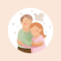 Happy Young Man Hugging His Beloved Girlfriend. Romantic Vector Illustration of Lovely Couple and Flying Dove Holding Heart. Cute Couple in Love, Placed in a Round Frame On a Beige Background. 