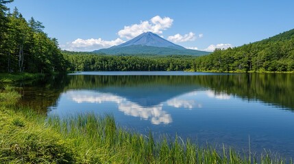 Obraz premium A serene lake reflects a majestic mountain under a clear blue sky, surrounded by lush greenery, creating a picturesque natural landscape.