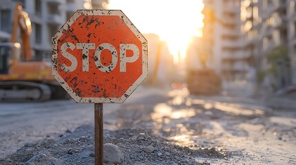 Blank bright orange stop sign standing tall at a construction site, construction equipment in the background, soft golden hour sunlight casting long shadows, muted colors in the blurred background