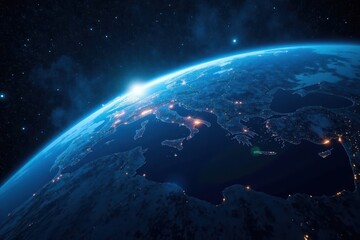 Fototapeta premium Earth from space with a blue glow indicating health and vitality due to collective effort, sustainability, planet, ecosystem