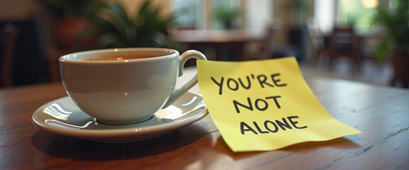 Cup of coffee with note "You're Not Alone" on table, supportive message