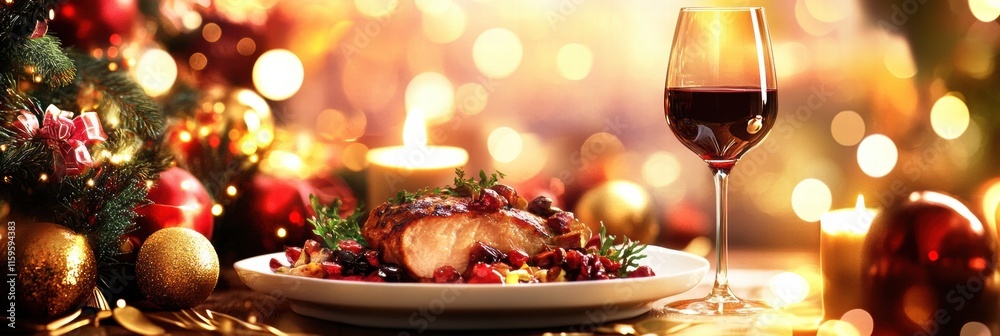 Poster dining table set elegantly with gourmet dish and fine wine in a festive setting. generative ai