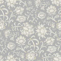 Paisley floral pattern, grey background. Seamless floral pattern-541.