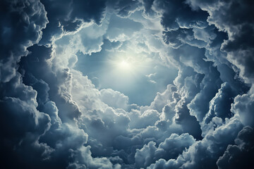 A dark, swirling vortex of clouds with the sun shining through in the center, creating an ethereal and mystical atmosphere.