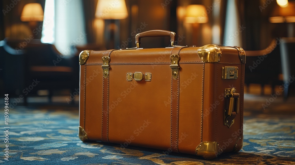 Poster luxurious leather suitcase with golden hardware placed elegantly in a sophisticated hotel lobby. gen