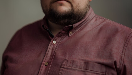 Obraz premium Overweight man with large belly in tight shirt, closeup