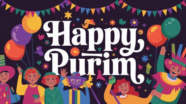Colorful celebration of Purim with joyful characters and festive decorations