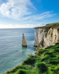 Stunning view of the iconic white chalk cliffs and Old Harry Rocks, located on the Jurassic Coast...