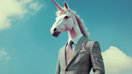 Anthropomorphic Pink Unicorn in Formal Professional Gray Textured Business Suit with Patterned Tie Against Blue Sky