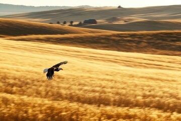 Naklejka premium Eagle flying over wheat field at sunset with motion blur and golden lighting