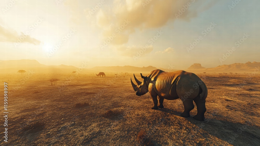 Aufkleber Close up view of a rhino in a barren savanna with sunset lighting and ample copy space for text placement. Generative AI