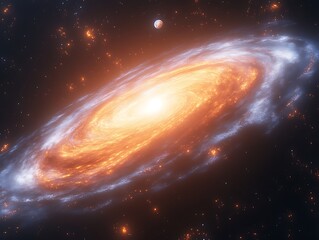 Obraz premium Fiery Spiral Galaxy with Distant Planet and Stars