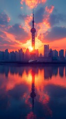 Obraz premium Glowing Skyline of Shanghai at Dusk with Iconic Oriental Pearl Tower Mirrored in Serene River