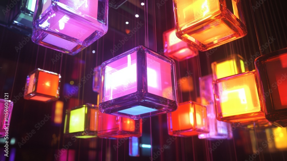 Leinwandbilder Floating colored cubes with abstract symbols create a vibrant display in a modern space during an evening exhibition. Generative AI