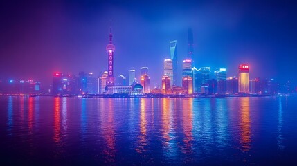 Captivating Nighttime Skyline of Shanghai s Iconic Waterfront with Mirrored Reflections and Vivid Illuminations