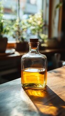 Sunlit bottle of golden oil on a wooden table by a window in a cozy kitchen setting