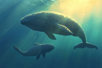 Blue whale calf and mother display intimate family bond