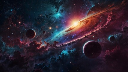 Obraz premium Mystical cosmic background with swirling clouds of gas and dust forming a vibrant nebula, with planets dotting the scene, creating an otherworldly atmosphere