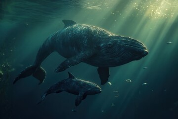 Fototapeta premium Blue whale calf and mother display intimate family bond