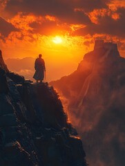Stoic Warrior Silhouetted Against Majestic Great Wall at Golden Hour