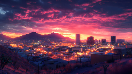 Stunning el paso skyline at dusk with vibrant sunset colors and city lights illuminating the view. Twilighted. Illustration