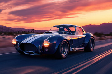 A classic blue Shelby Cobra 427 drives on a desert road at sunset, showcasing its powerful design and retro appeal.